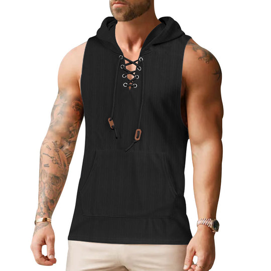 Herren ärmelloses Kapuzenshirt mit modischem Schnürdesign und praktischer Kängurutasche EB