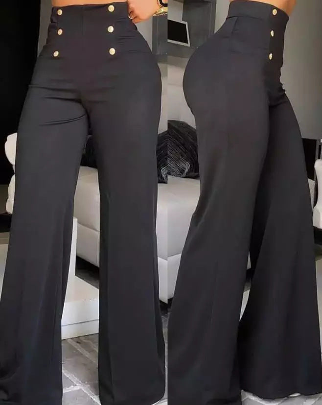 Damen elegante High-Waist Palazzohose mit Knopfdetails EB