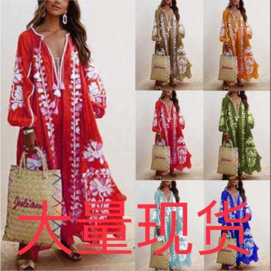 Damen Besticktes Boho-Maxikleid mit Ballonärmeln und Quastenverschluss EB
