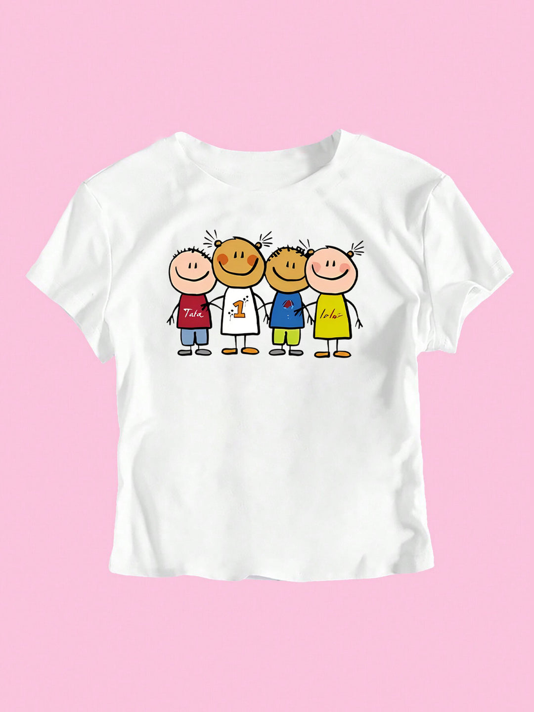 Damen Crop-T-Shirt mit kreativem Kinderzeichnungsmuster EB