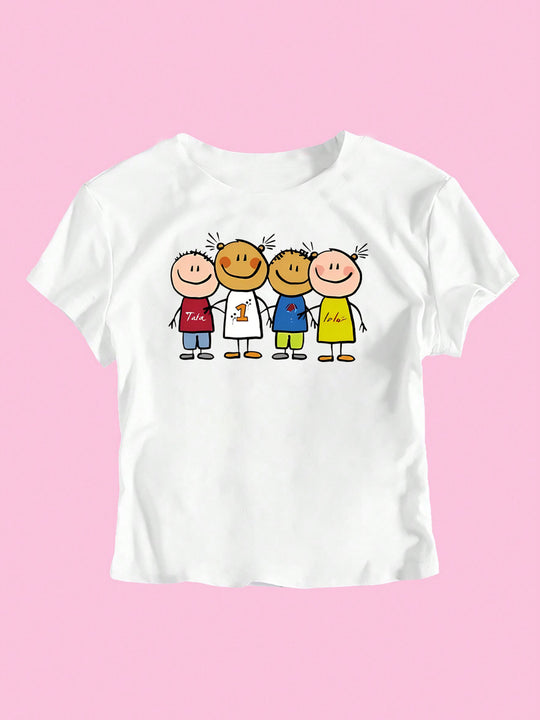 Damen Crop-T-Shirt mit kreativem Kinderzeichnungsmuster EB