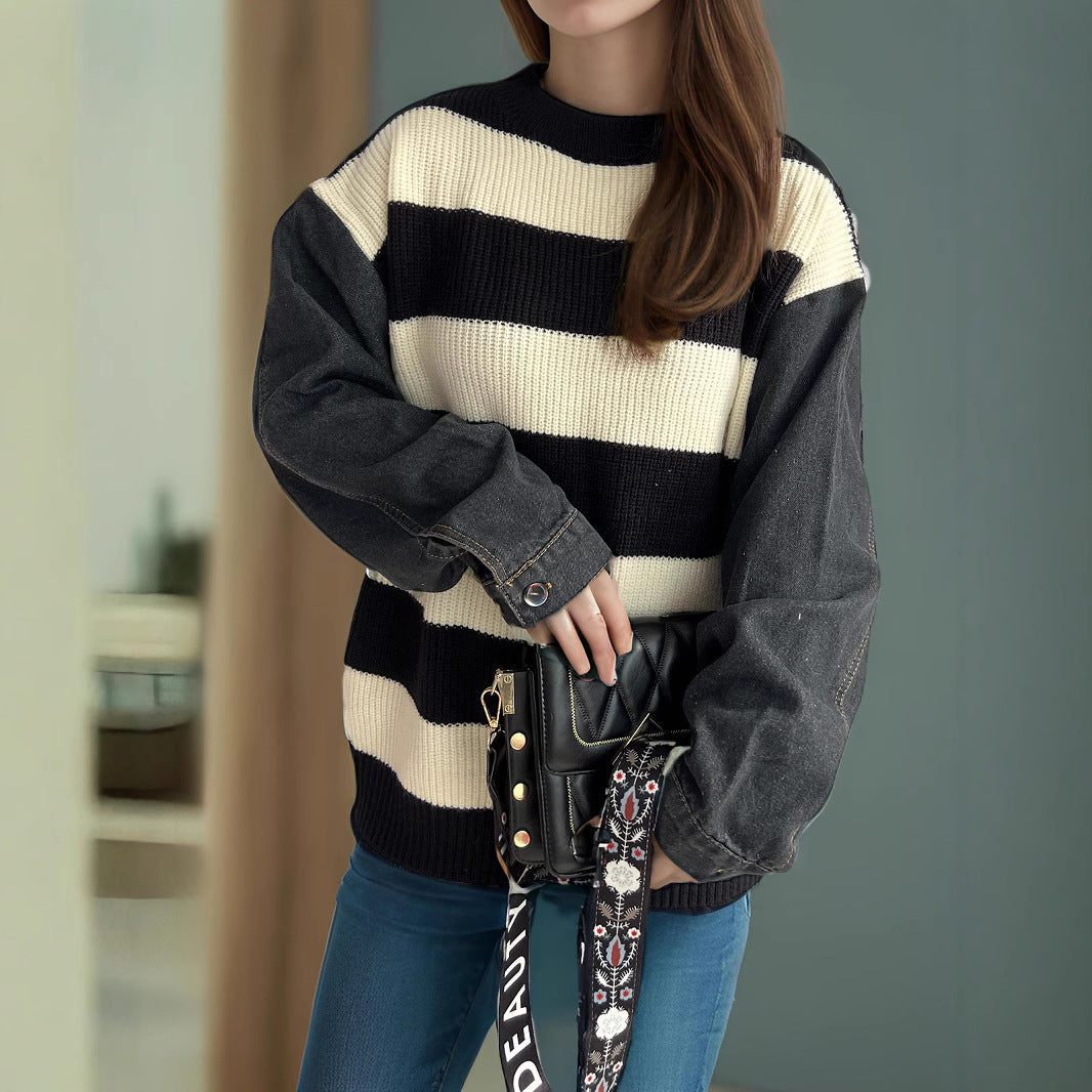 Damen lässiger Strickpullover mit auffälligem Blockstreifenmuster und weiten Ärmeln EB