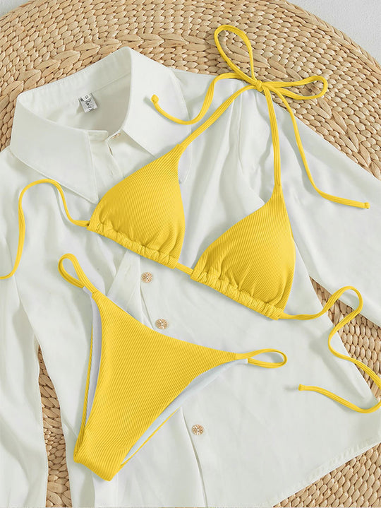 Damen Triangel-Bikini mit feinem Rippstruktur und verspielten Bindebändern EB