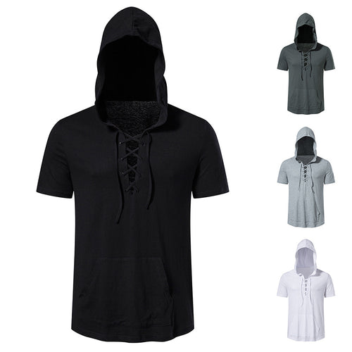 Herren Kurzarm-Hoodie mit lässigem Lacing-Design und praktischer Kängurutasche EB
