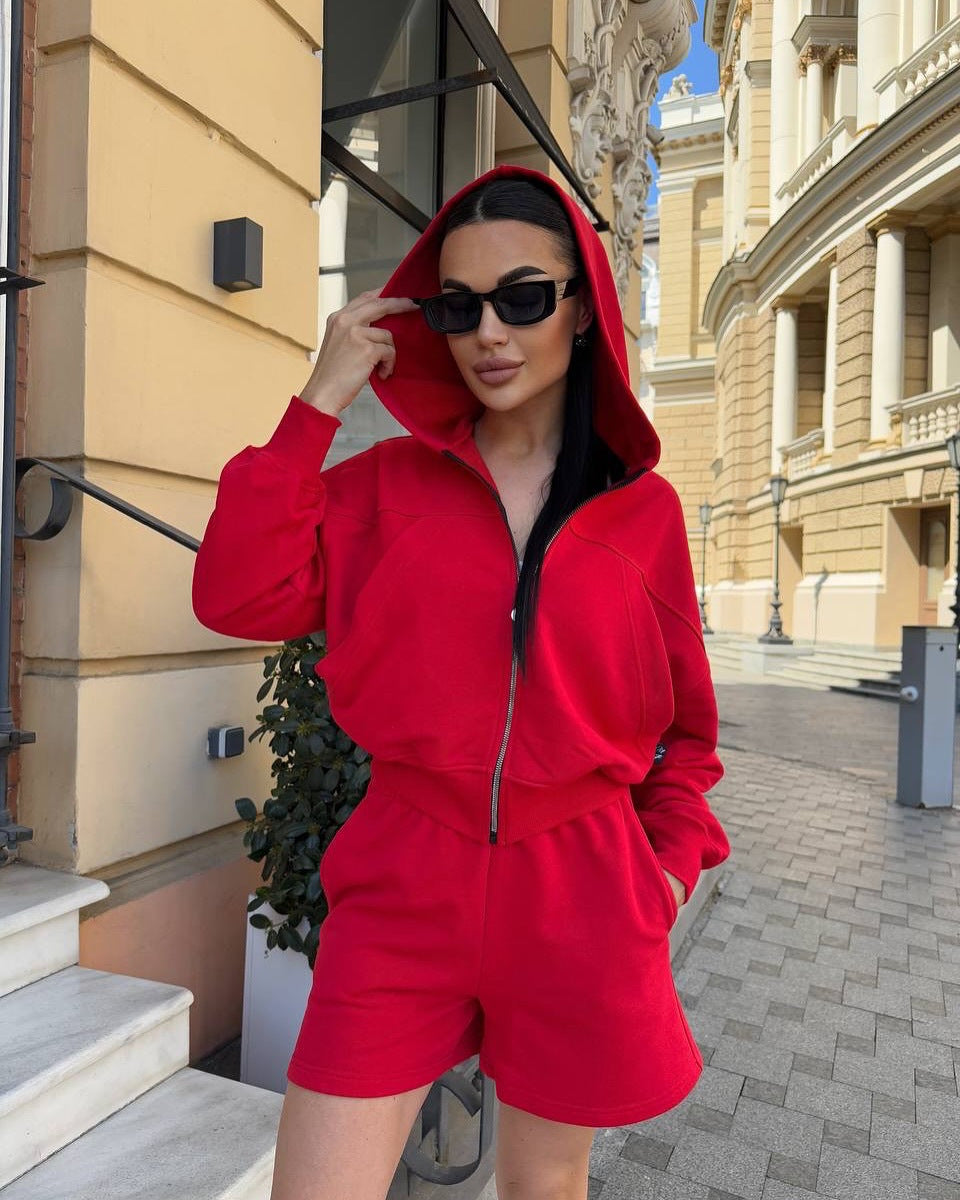 Damen lässiges Cropped Hoodie- und Shorts-Set mit praktischen Kordelzügen EB