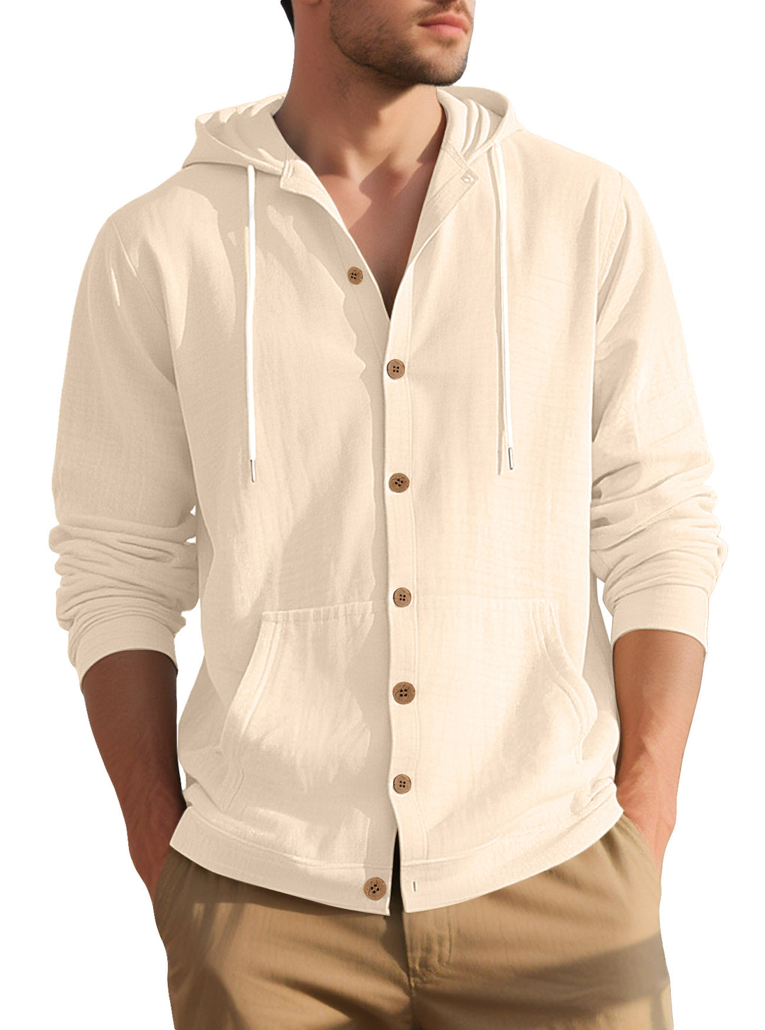 Herren nan leichtes Kapuzen-Übershirt im Crinkle-Look mit Holzknopfleiste und Kängurutasche EB