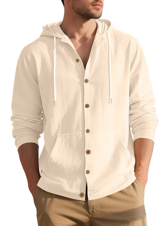 Herren nan leichtes Kapuzen-Übershirt im Crinkle-Look mit Holzknopfleiste und Kängurutasche EB