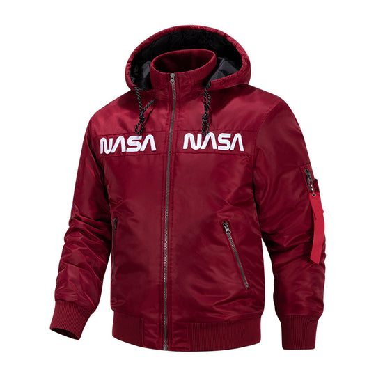 Men's  quilted-lined hooded pilot bomber with high-neck rib collar and zip sleeve utility pocket EB