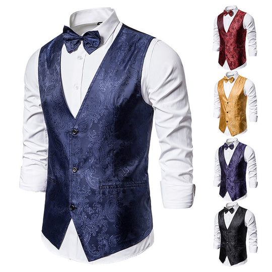 Herren nan taillierte Satinweste mit ornamentalem Jacquardmuster, V-Ausschnitt und drei Knöpfen EB