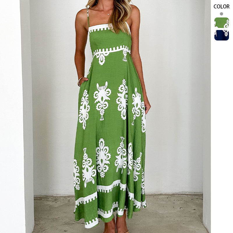 Damen Maxikleid mit floralem Muster und schwingendem Rock EB