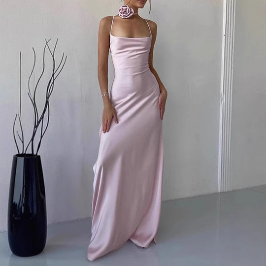 Damen Elegantes Bodenkotan Maxi-Kleid mit schmalen Spaghetti-Trägern und tiefem Ausschnitt EB
