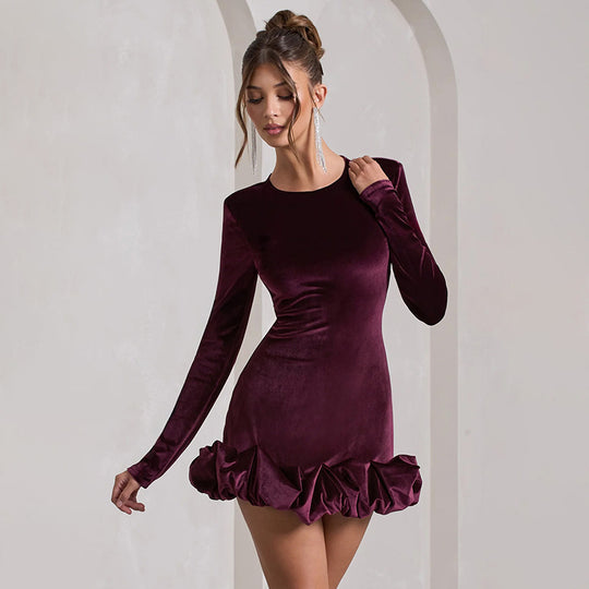 Damen Figurbetontes Samt-Minikleid mit langen Ärmeln und gerafftem Volant-Saum EB