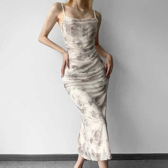 Damen elegantes Maxikleid mit raffinierten Rüschendetails und floralem Druck EB
