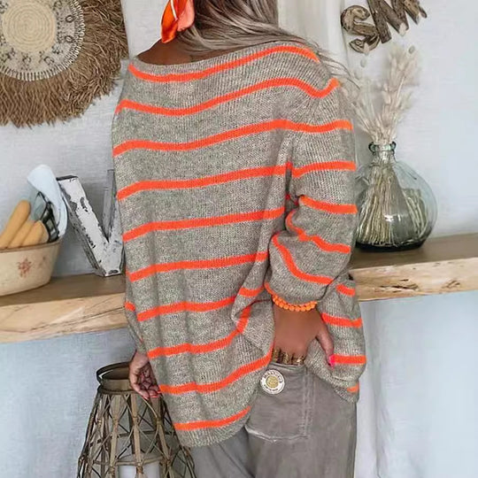 Damen Oversized Strickpullover mit eleganten Streifen und praktischen Taschen EB