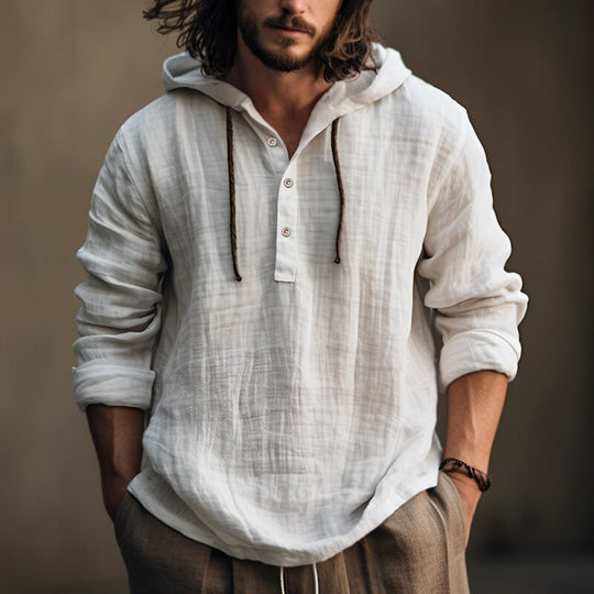 Herren nan Leichtes Kapuzenhemd im Leinenlook mit Henley-Knopfleiste EB