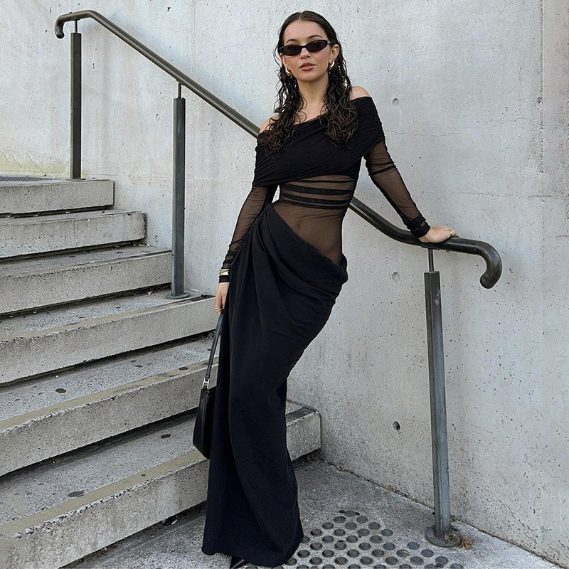 Damen Elegantes Off-Shoulder-Maxikleid mit transparenten Einsätzen und gerafftem Design EB