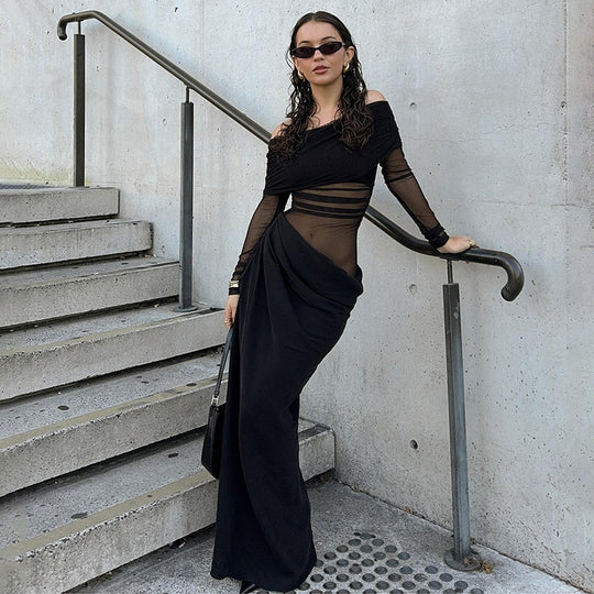 Damen Elegantes Off-Shoulder-Maxikleid mit transparenten Einsätzen und gerafftem Design EB