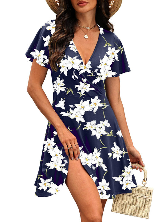 Damen Kurzärmeliges Wickelkleid mit floralen Mustern und V-Ausschnitt EB