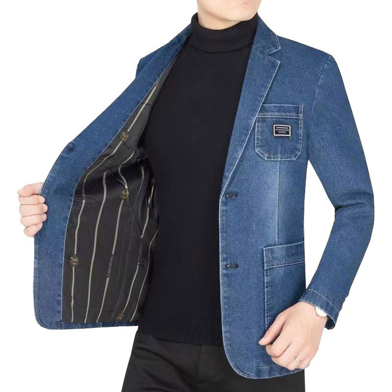 Herren Jeansblazer Slim Fit mit Aufgesetzten Taschen und Notch-Kragen EB