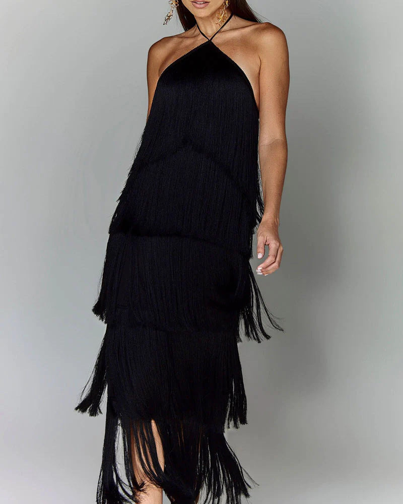 Damen Elegantes Fransen-Maxikleid mit schimmerndem Detail und raffinierter Passform EB
