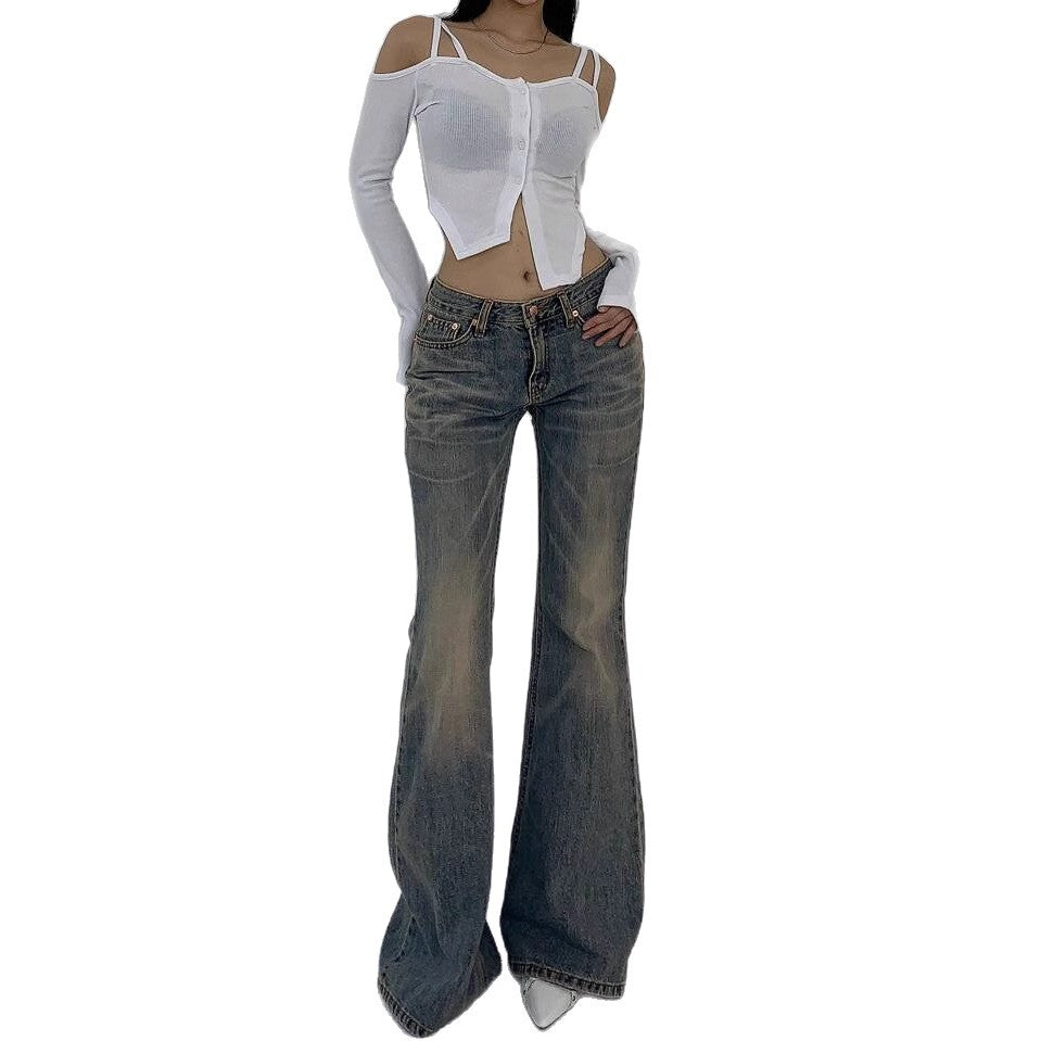 Damen Hochtaillierte Flared Jeans im Vintage-Look mit ausgestelltem Bein EB