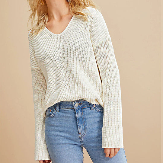 Damen V-Ausschnitt Strickpullover mit lockerer Passform und feinem Netzdesign EB