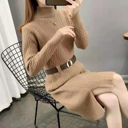 Damen Strickkleid mit hohen Kragen und Taillengürtel EB