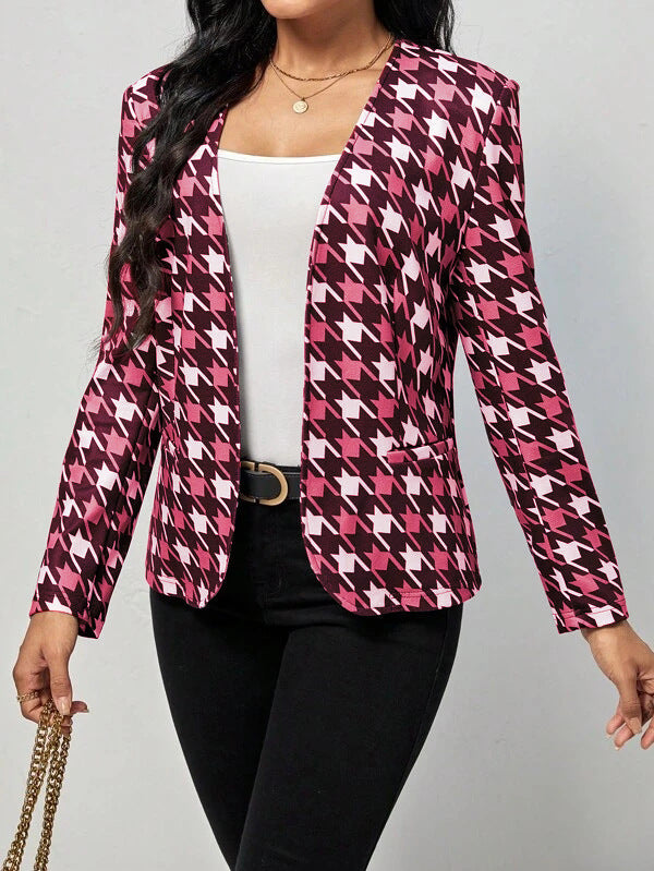 Damen modischer Blazer mit auffälligem Hahnentritt-Muster und elegantem Schnitt EB