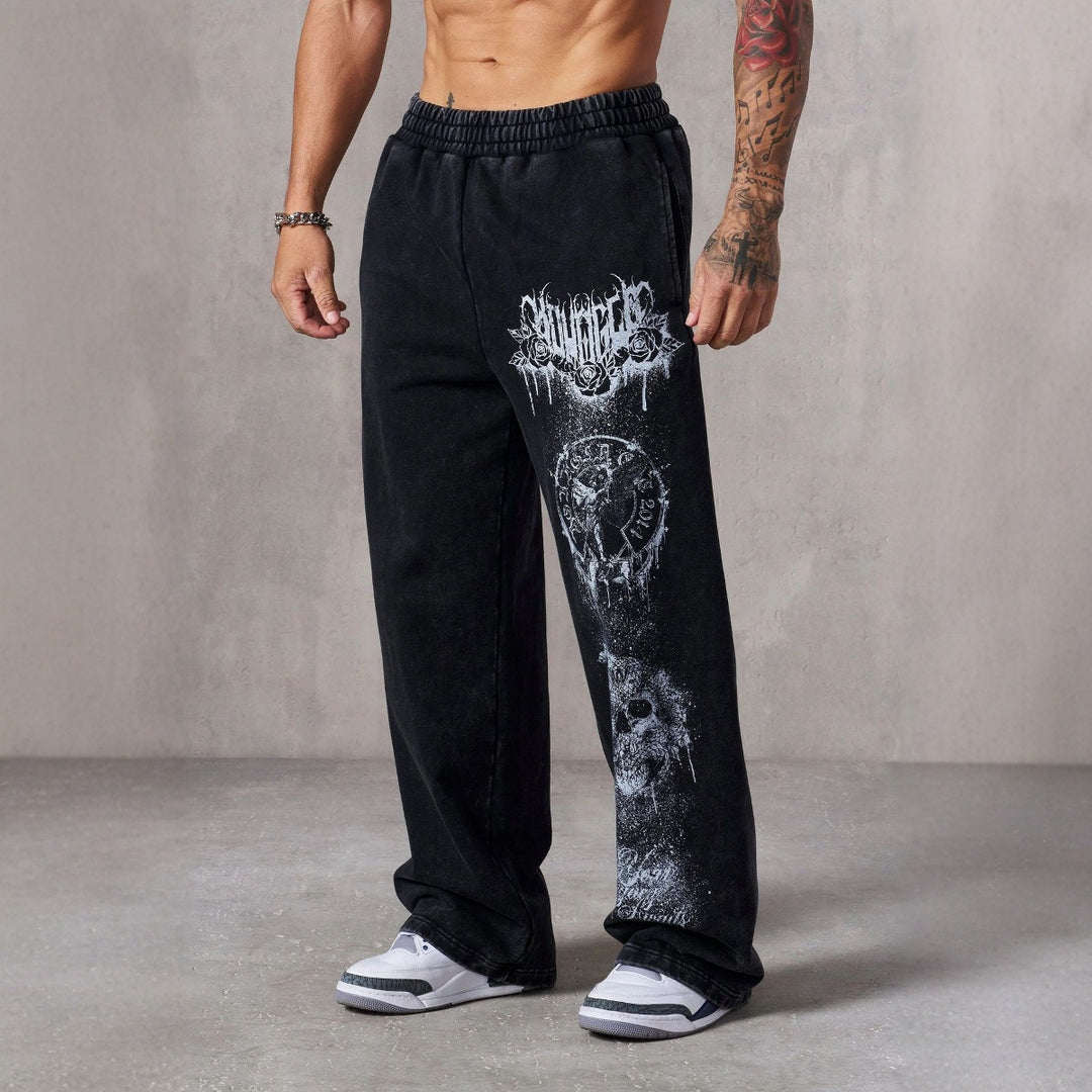 Herren nan weite Jogginghose mit elastischem Bund, Seitentaschen und detailreichem Schädel- und Rosenmotiv EB