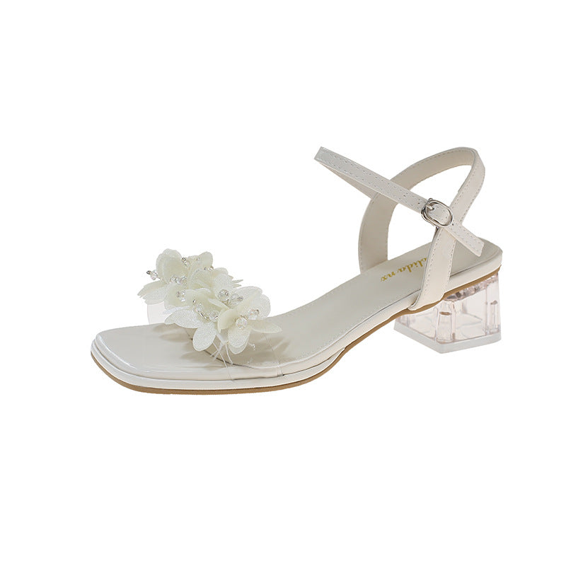 Damen Sandalen mit floralen Details und transparentem Blockabsatz EB