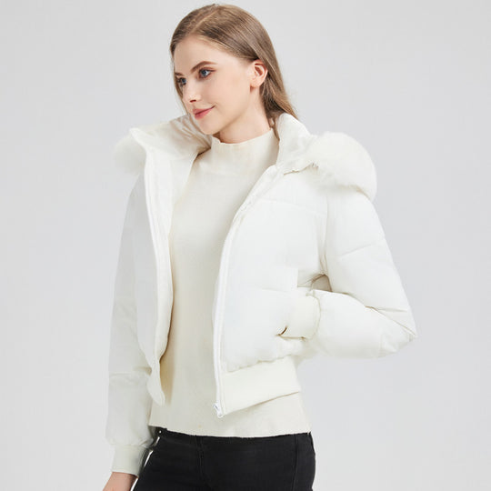 Damen nan kurzer gesteppter Kapuzenblouson mit Webpelzblende und geripptem Saum EB