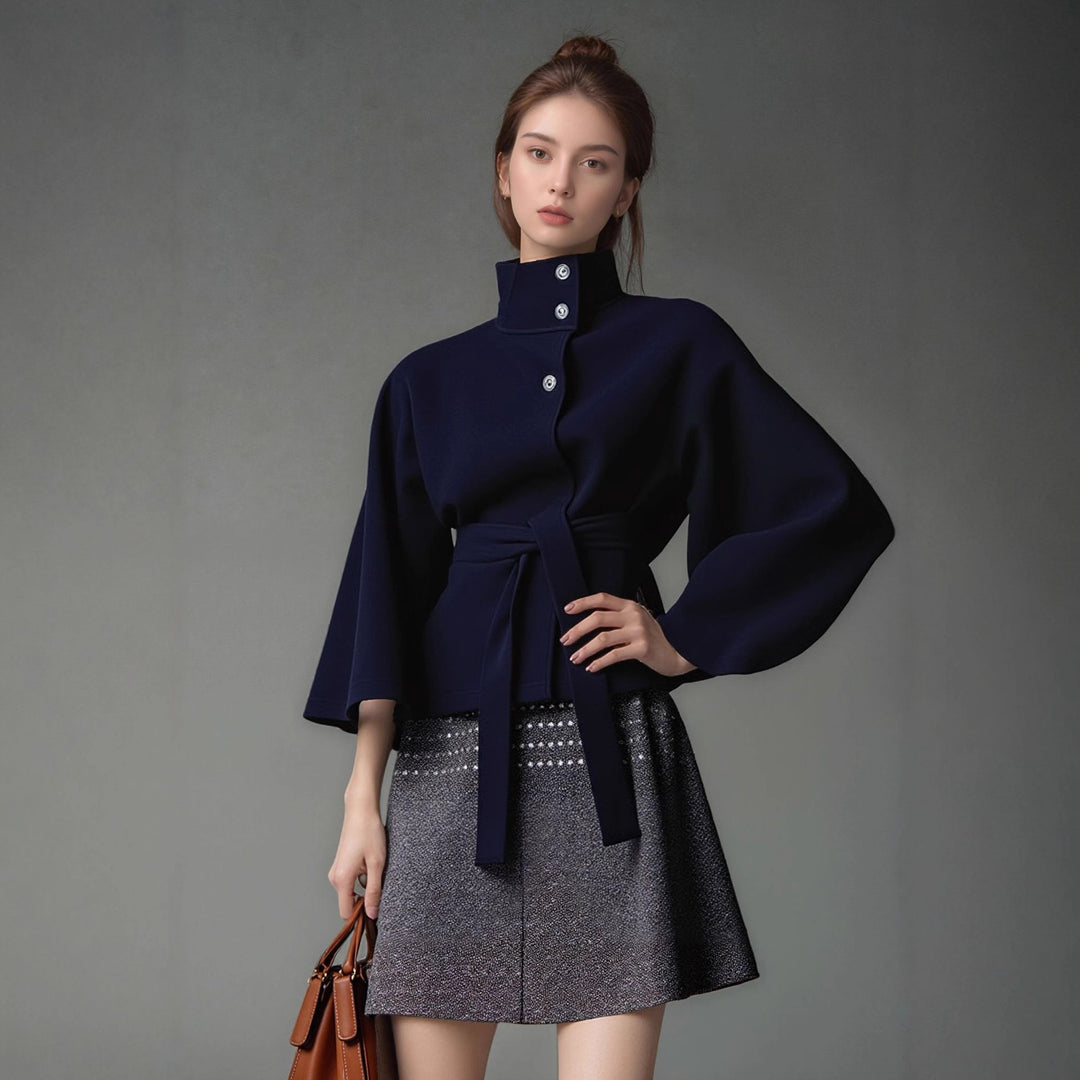 Damen moderne Cape-Jacke mit abnehmbarem Gürtel und hohem Kragen EB