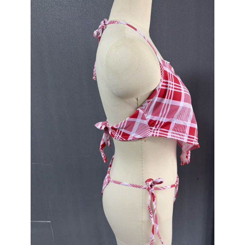 Damen Crop-Top Bikini mit asymmetrischem Schnitt und modischem Karomuster EB