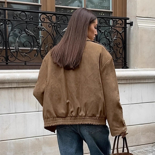 Damen Modische Suede-Bomberjacke mit praktischen Taschen und Reißverschluss EB