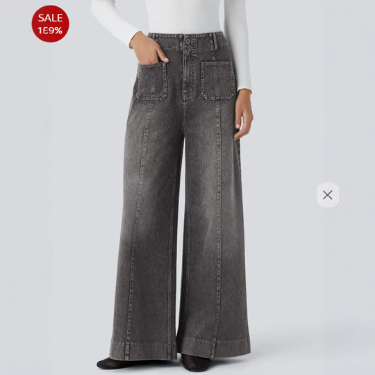 Damen Weitgeschnittene Denim-Hose mit hohen Bund und großen Taschen EB