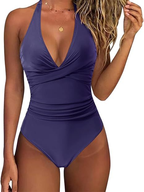 Damen Hochtaillierter Badeanzug mit tiefem V-Ausschnitt und floralem Design EB