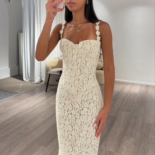 Damen elegantes Maxikleid mit Spitze und verführerischem Herzausschnitt EB