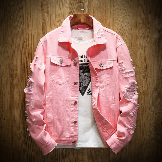 Unisex nan zerrissene Jeansjacke mit weitem Schnitt und aufgesetzten Brusttaschen EB