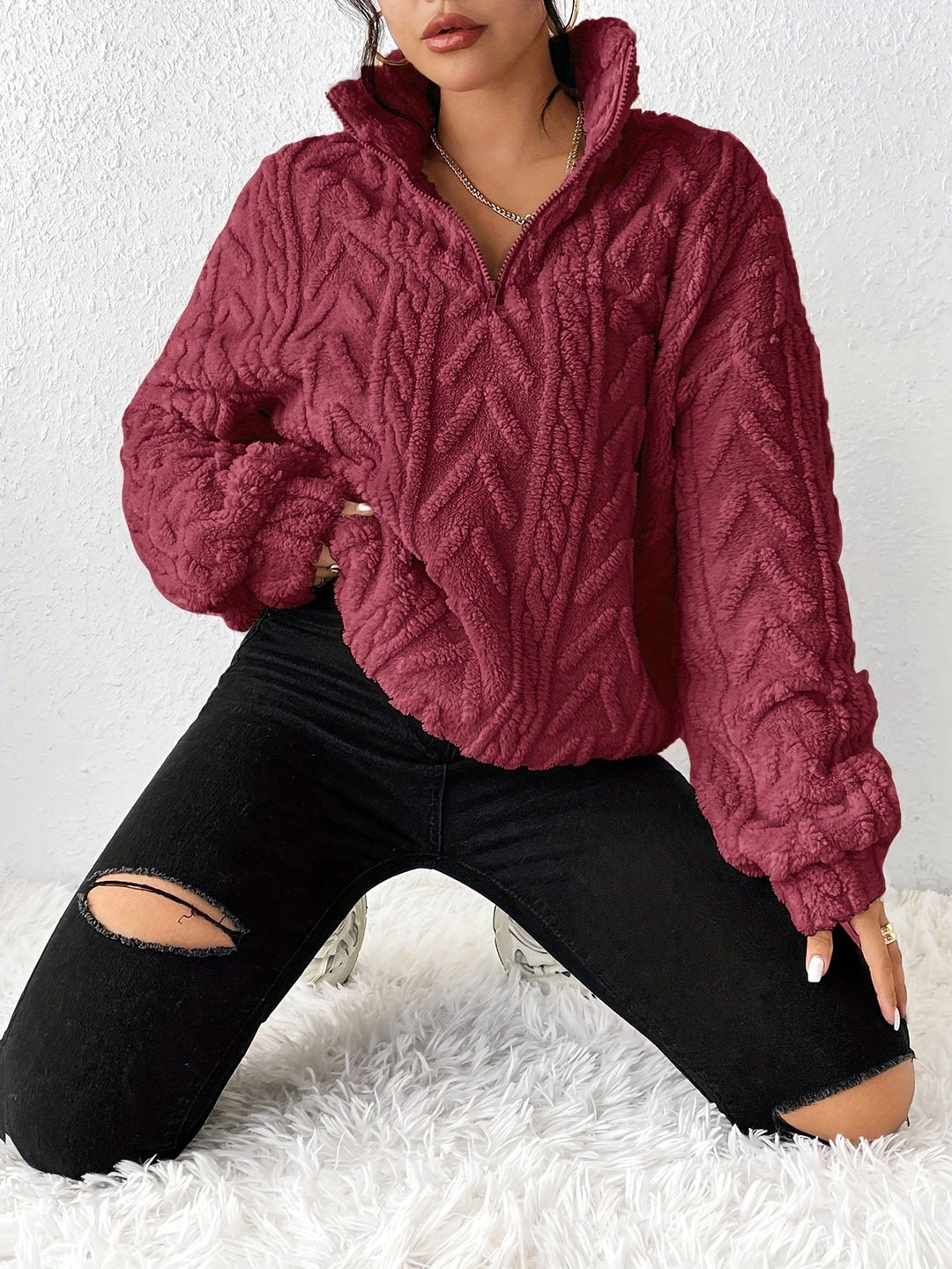 Damen Fleece Pullover mit hohem Kragen und strukturiertem Design EB