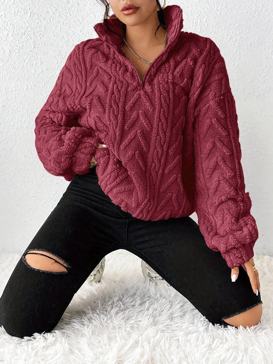 Damen Fleece Pullover mit hohem Kragen und strukturiertem Design EB