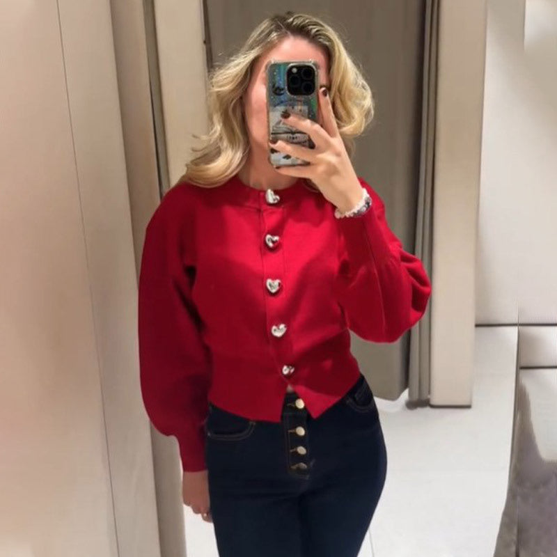 Damen Pullover mit Herzknöpfen und Puffärmeln EB