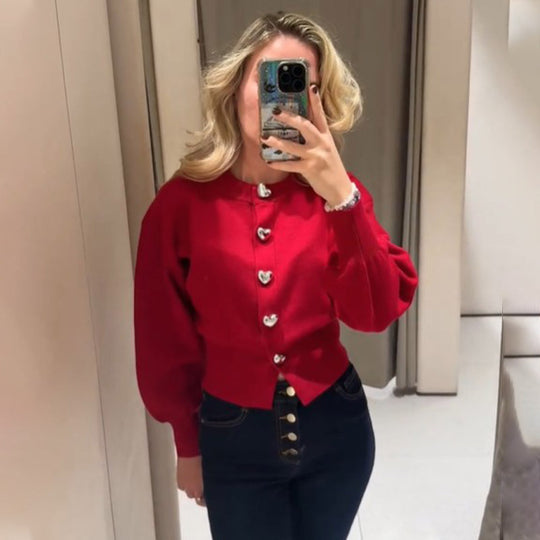 Damen Pullover mit Herzknöpfen und Puffärmeln EB