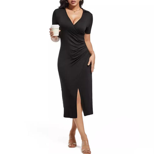 Damen Wickelkleid mit eleganter Drapierung und tiefem V-Ausschnitt EB