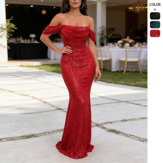 Damen Glitzerndes Abendkleid mit schulterfreiem Design und figurbetontem Schnitt EB
