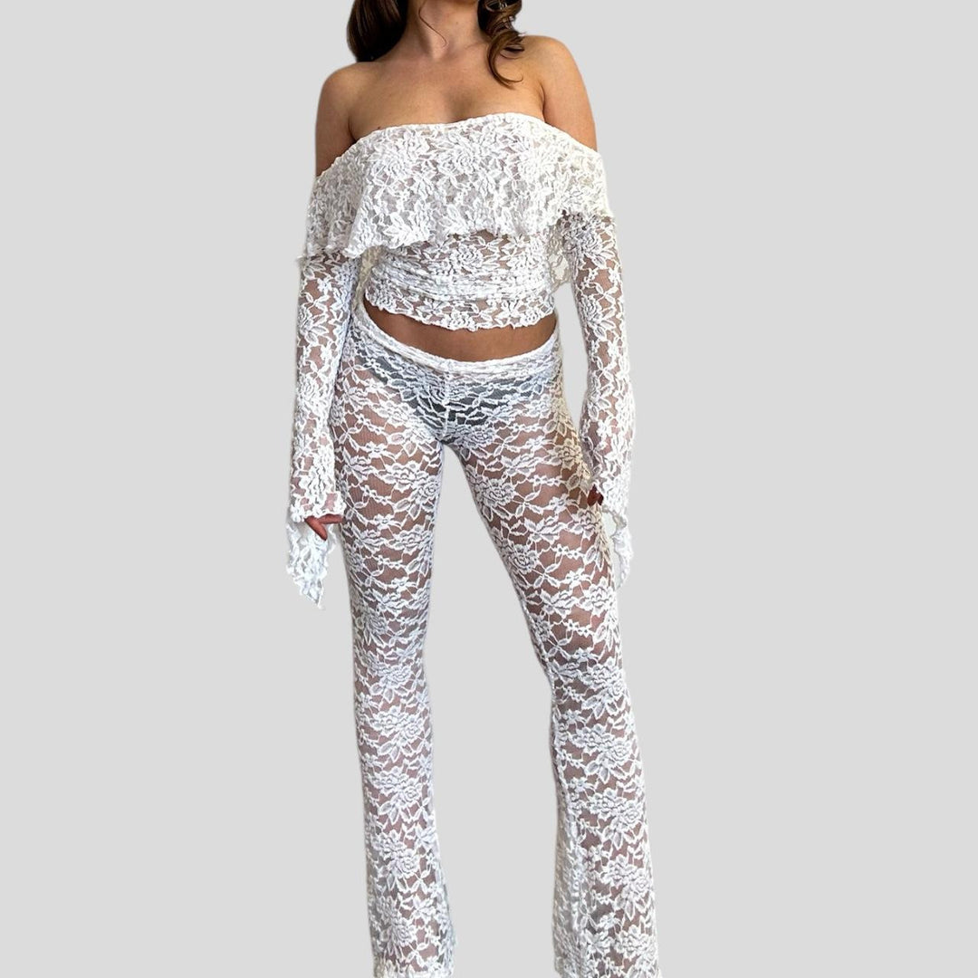 Damen Spitzen-Crop-Top mit weitem Ärmel und passenden Hose EB