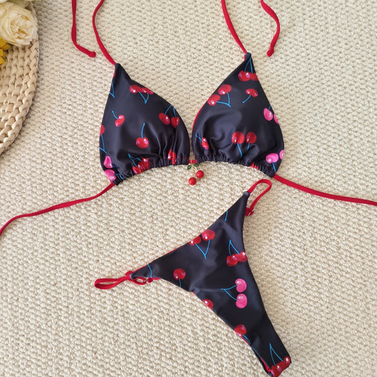 Damen Triangel-Bikini mit verspieltem Kirschenmuster und elastischen Bindebändern EB