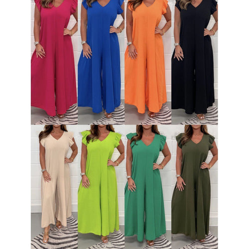 Damen luftiger Jumpsuit mit weit geschnittenem Bein und V-Ausschnitt EB