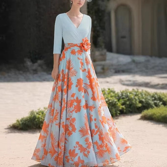 Damen Florales Maxikleid mit Wickeloberteil, dreiviertel-Ärmeln und ausgestelltem Rock EB