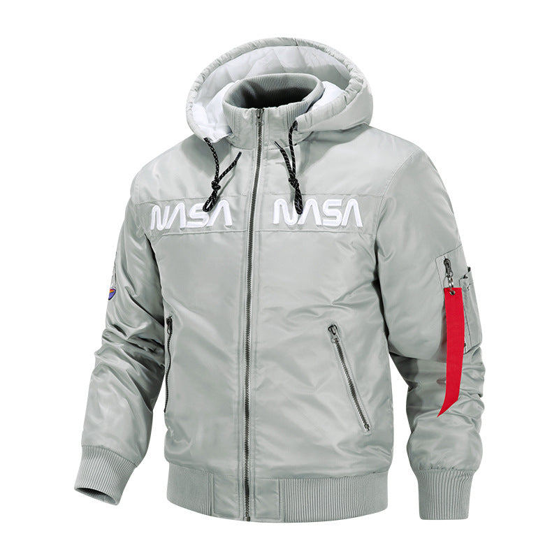 Men's  quilted-lined hooded pilot bomber with high-neck rib collar and zip sleeve utility pocket EB
