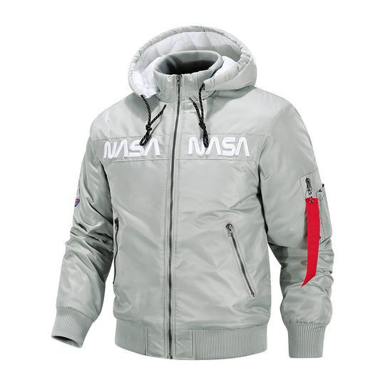 Men's  quilted-lined hooded pilot bomber with high-neck rib collar and zip sleeve utility pocket EB